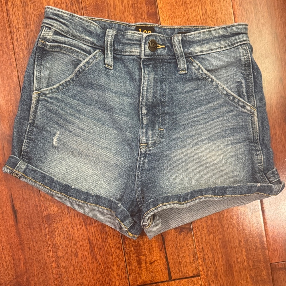 Vintage Lee Women's Distressed Rolled-Hem Denim Shorts in Light Blue